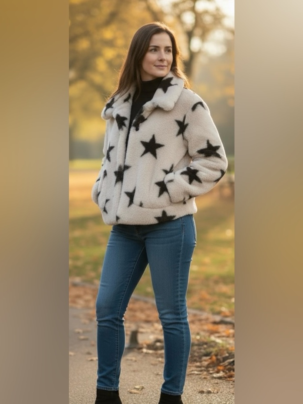 - Euc Pop Sugar fluffy cropped cream color black stars coat XS - Picture 3 of 9